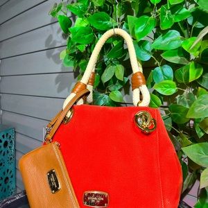 Orange Canvas & Tan Leather Large Michael Kors INTERCHANGEABLE Purse & Wristlet